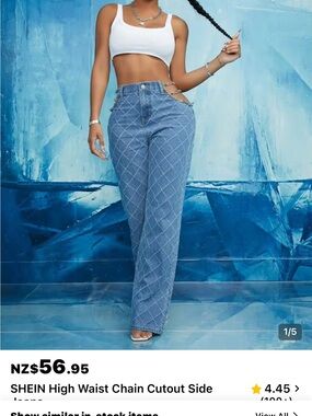 SHEIN Blue High-Rise Diamond quilted Jeans cut out w/chains.